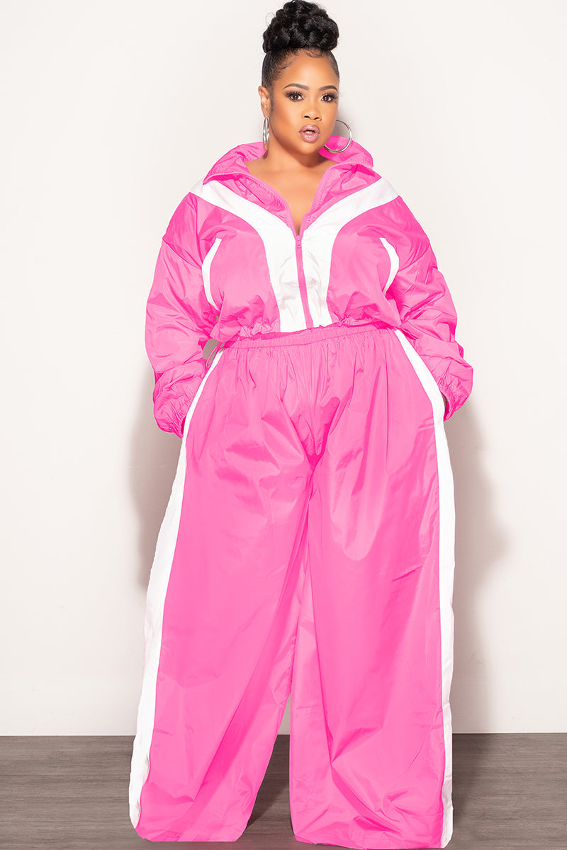 Final Sale Plus Size 2pc Oversized Sporty Color Block Zip-Up Tracksuit Set in Pink and White