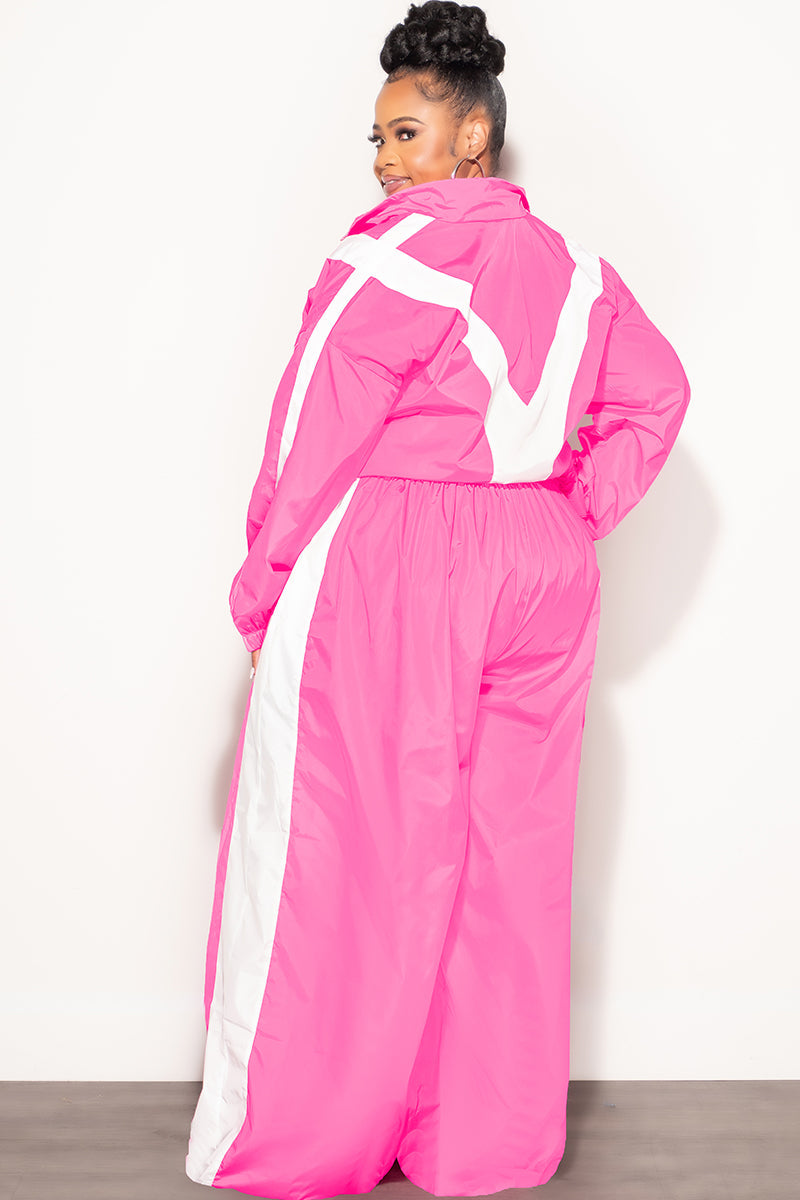 Final Sale Plus Size 2pc Oversized Sporty Color Block Zip-Up Tracksuit Set in Pink and White