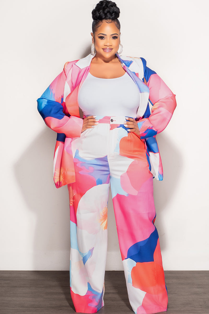 Final Sale Plus Size 2pc Cape Suit with Cut-outs Armholes Sleeves Double-Button Blazer & Pants Set in Multi-Color in Pink, Light Blue, & Royal Blue