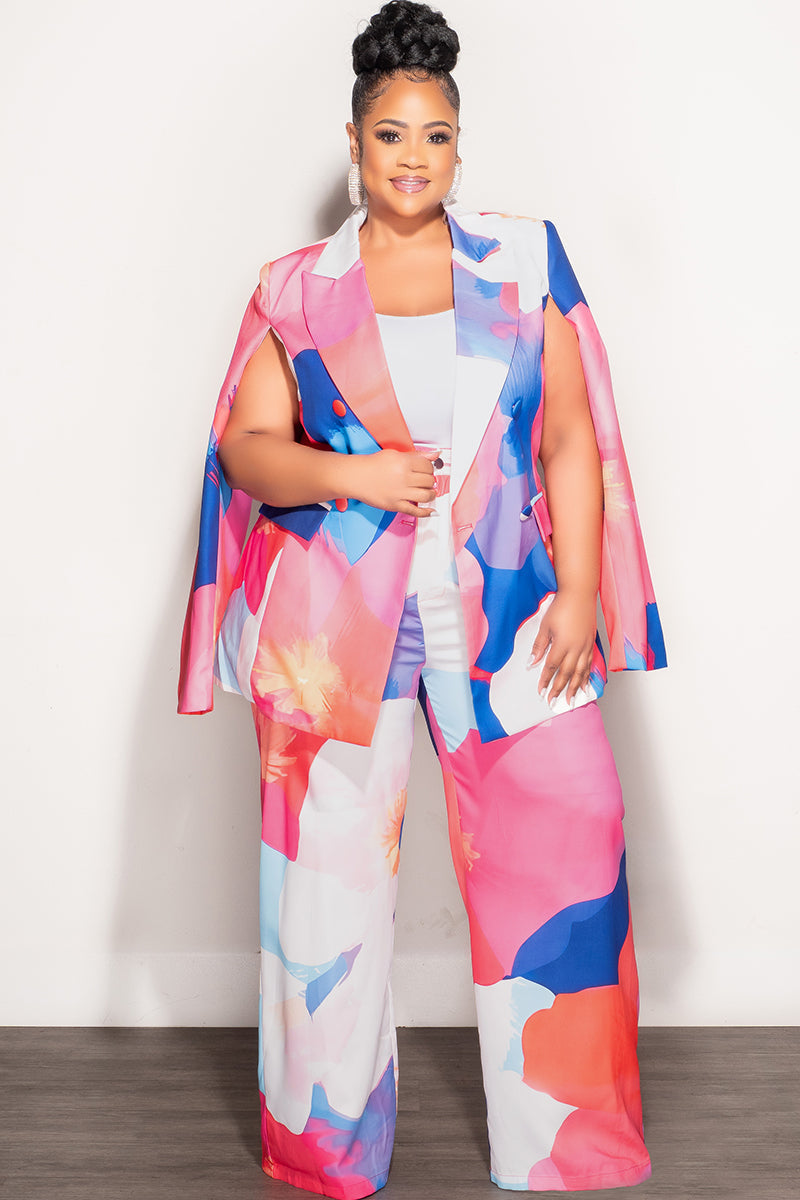 Final Sale Plus Size 2pc Cape Suit with Cut-outs Armholes Sleeves Double-Button Blazer & Pants Set in Multi-Color in Pink, Light Blue, & Royal Blue