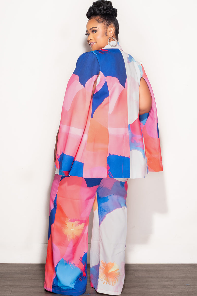Final Sale Plus Size 2pc Cape Suit with Cut-outs Armholes Sleeves Double-Button Blazer & Pants Set in Multi-Color in Pink, Light Blue, & Royal Blue
