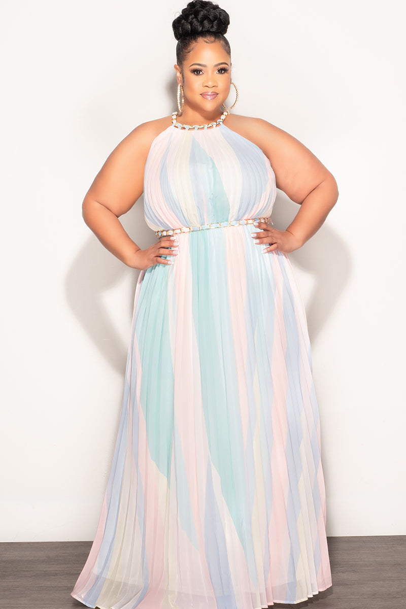 Final Sale Plus Size Sleeveless Chiffon  Chain Halter Neck Maxi Dress in Soft Pastels