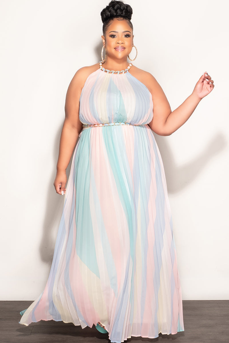 Final Sale Plus Size Sleeveless Chiffon  Chain Halter Neck Maxi Dress in Soft Pastels