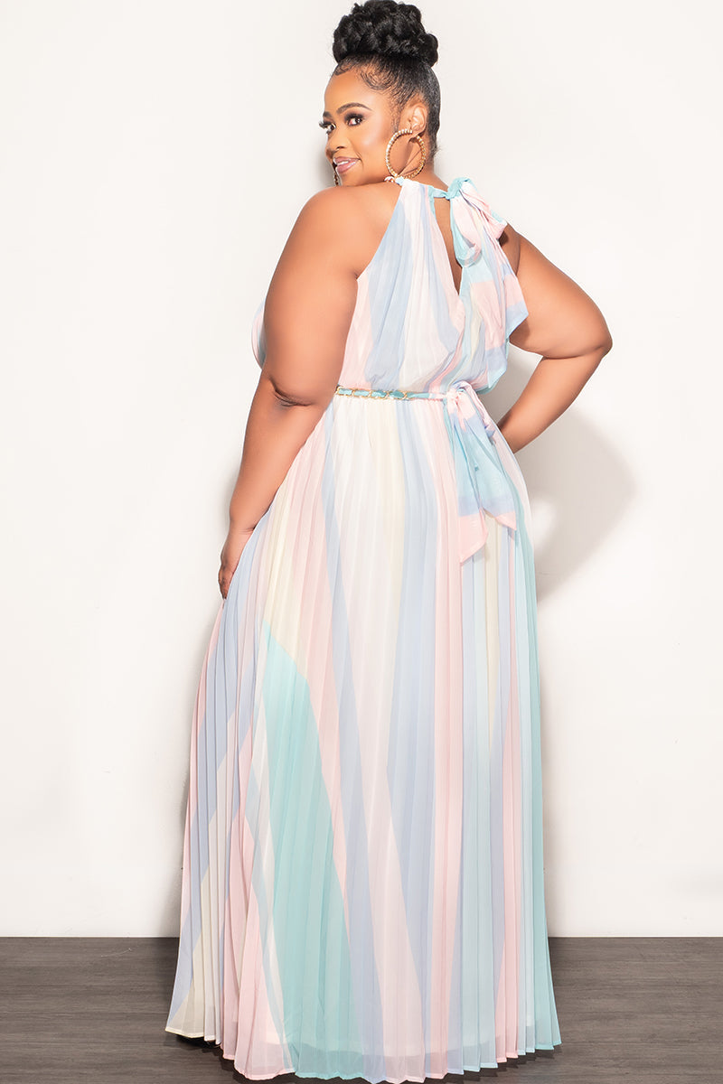 Final Sale Plus Size Sleeveless Chiffon  Chain Halter Neck Maxi Dress in Soft Pastels