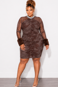 Final Sale Plus Size Rhinestone Mesh Mini Dress in Brown