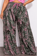 Final Sale Plus Size Wide Leg Drawstring Oversized Windbreaker Wavy Pants in Pink & Green Snake Print (Pants Only)