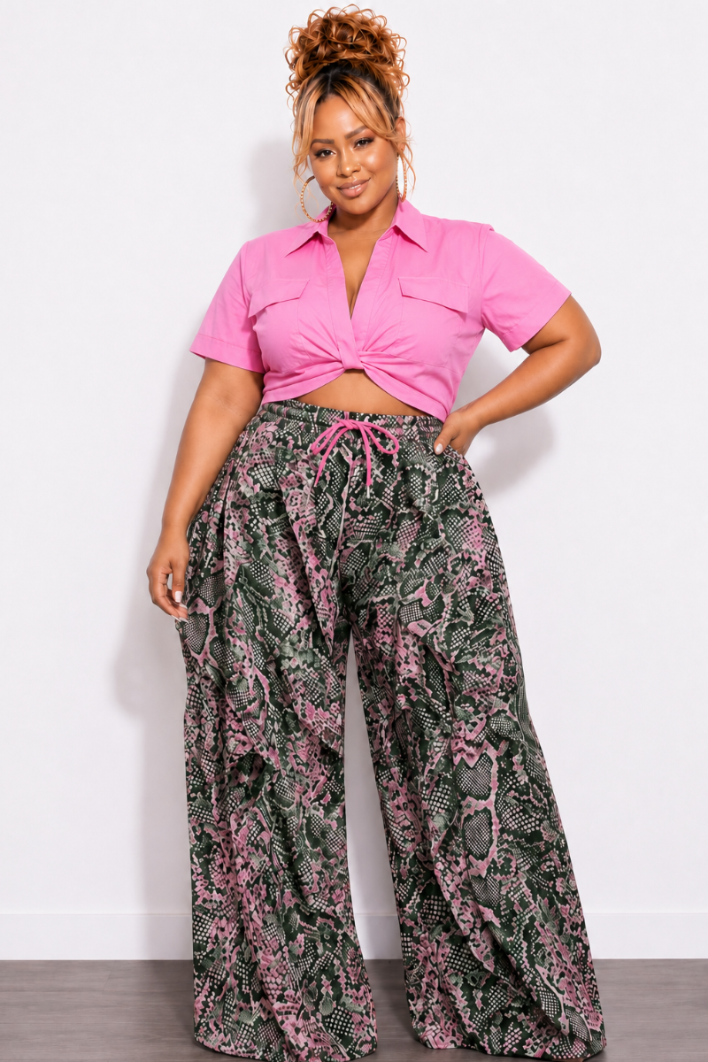Final Sale Plus Size Wide Leg Drawstring Oversized Windbreaker Wavy Pants in Pink & Green Snake Print (Pants Only)