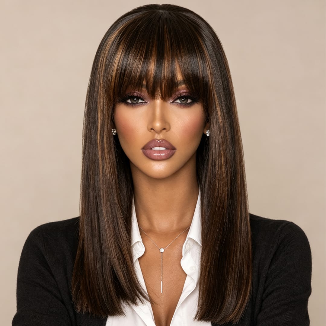 AILUXY  Lisse Bob Perruque Avec Frange 100% Cheveux Humains
