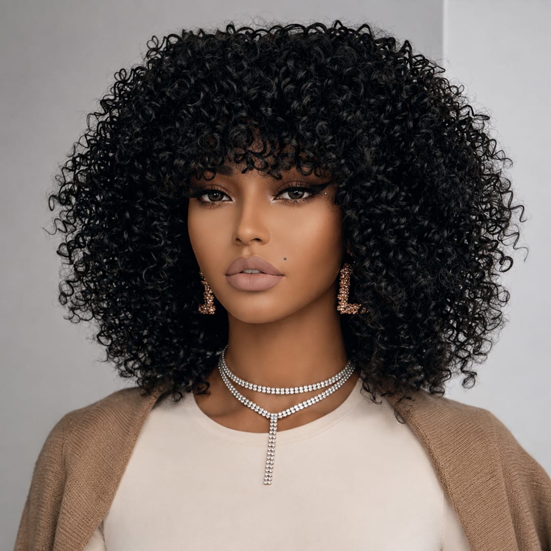 (En france)AILUXY Curly Noir Bob Perruque Avec Frange 100% Cheveux Humains comme sur la vidéo 2 - 3 jours reçus+Un beau cadeau