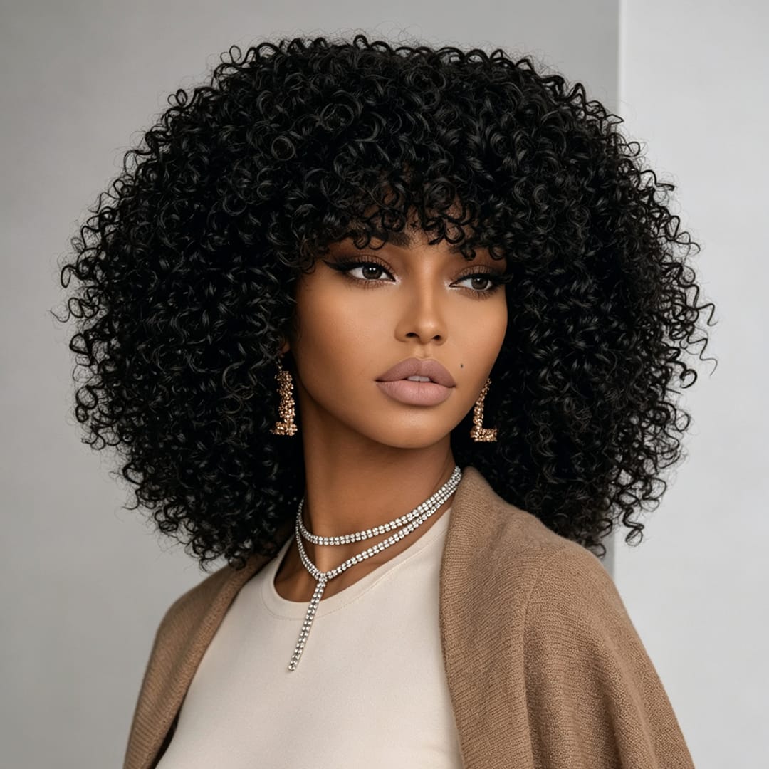 (En france)AILUXY Curly Noir Bob Perruque Avec Frange 100% Cheveux Humains comme sur la vidéo 2 - 3 jours reçus+Un beau cadeau
