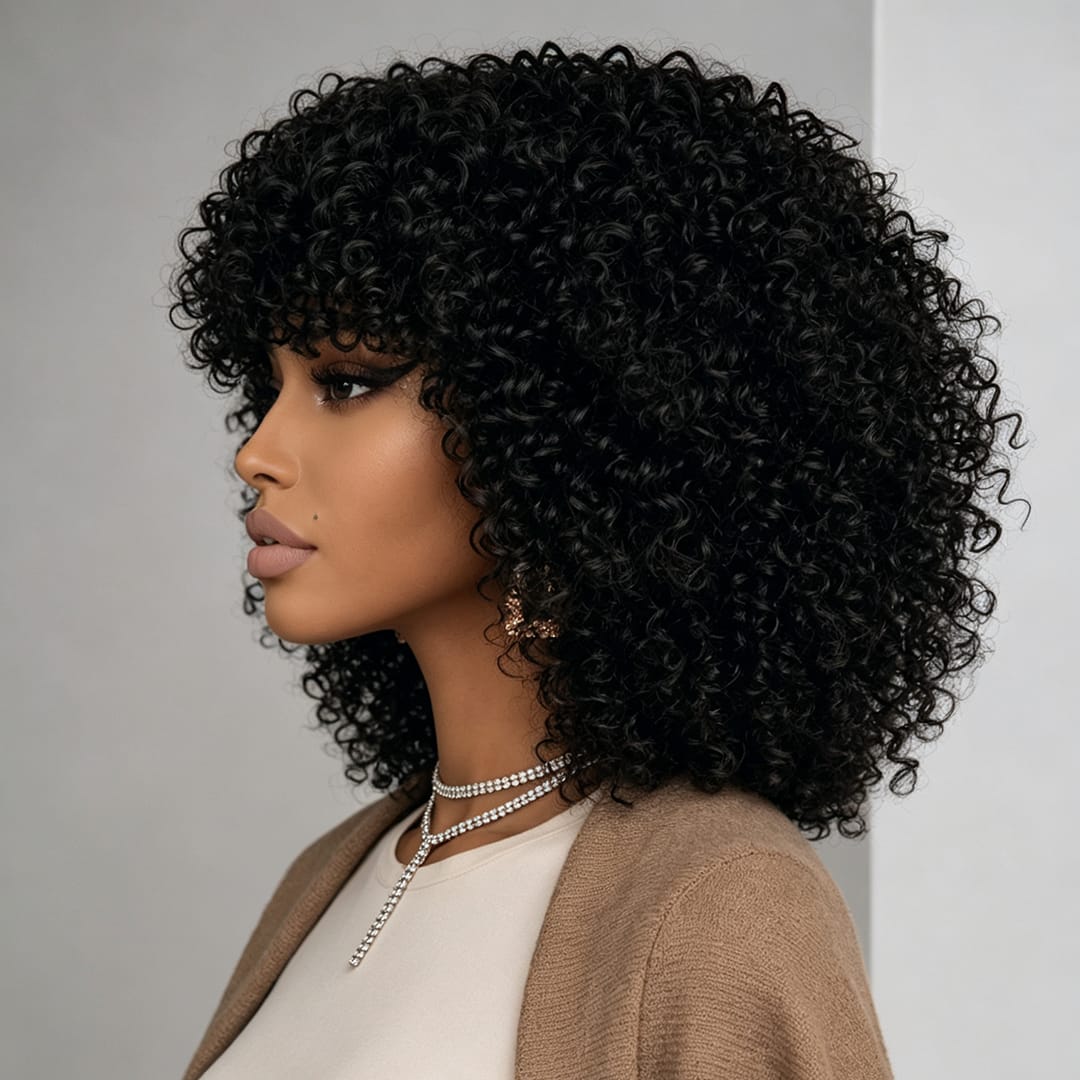 (En france)AILUXY Curly Noir Bob Perruque Avec Frange 100% Cheveux Humains comme sur la vidéo 2 - 3 jours reçus+Un beau cadeau