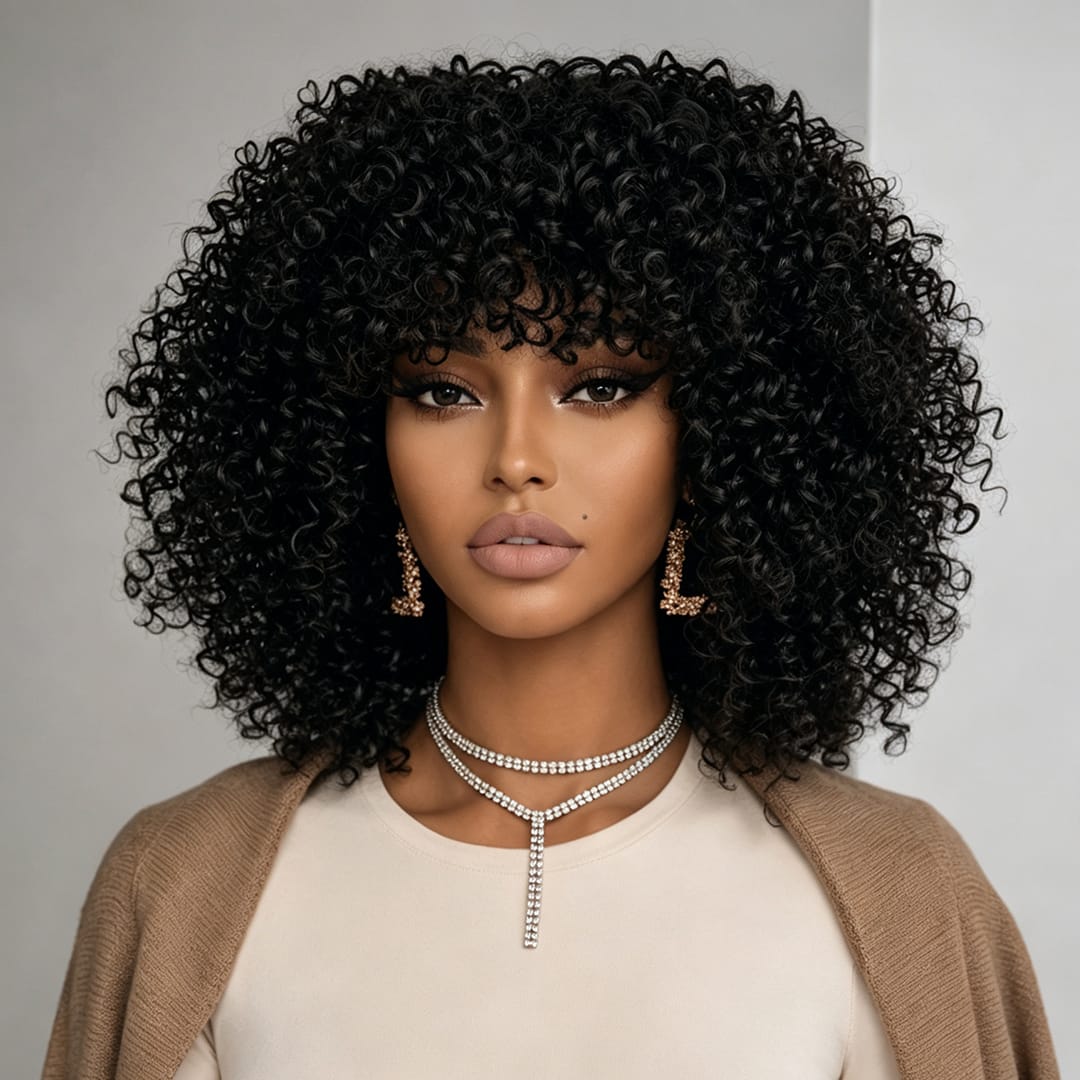 (En france)AILUXY Curly Noir Bob Perruque Avec Frange 100% Cheveux Humains comme sur la vidéo 2 - 3 jours reçus+Un beau cadeau