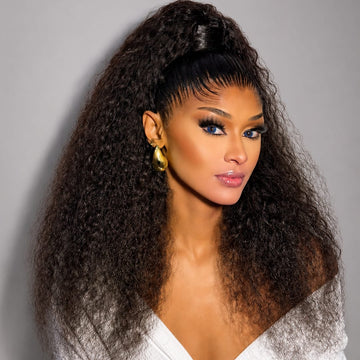 AILUXY Lace Frontal Perruque Queue Haute Boucles Crépues Coiffure Afro Queue de Cheval Longue