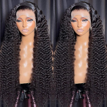 AILUXY 13x4 HD Lace Frontal Perruque Deep Wave Longue Noir 100% Cheveux Humains