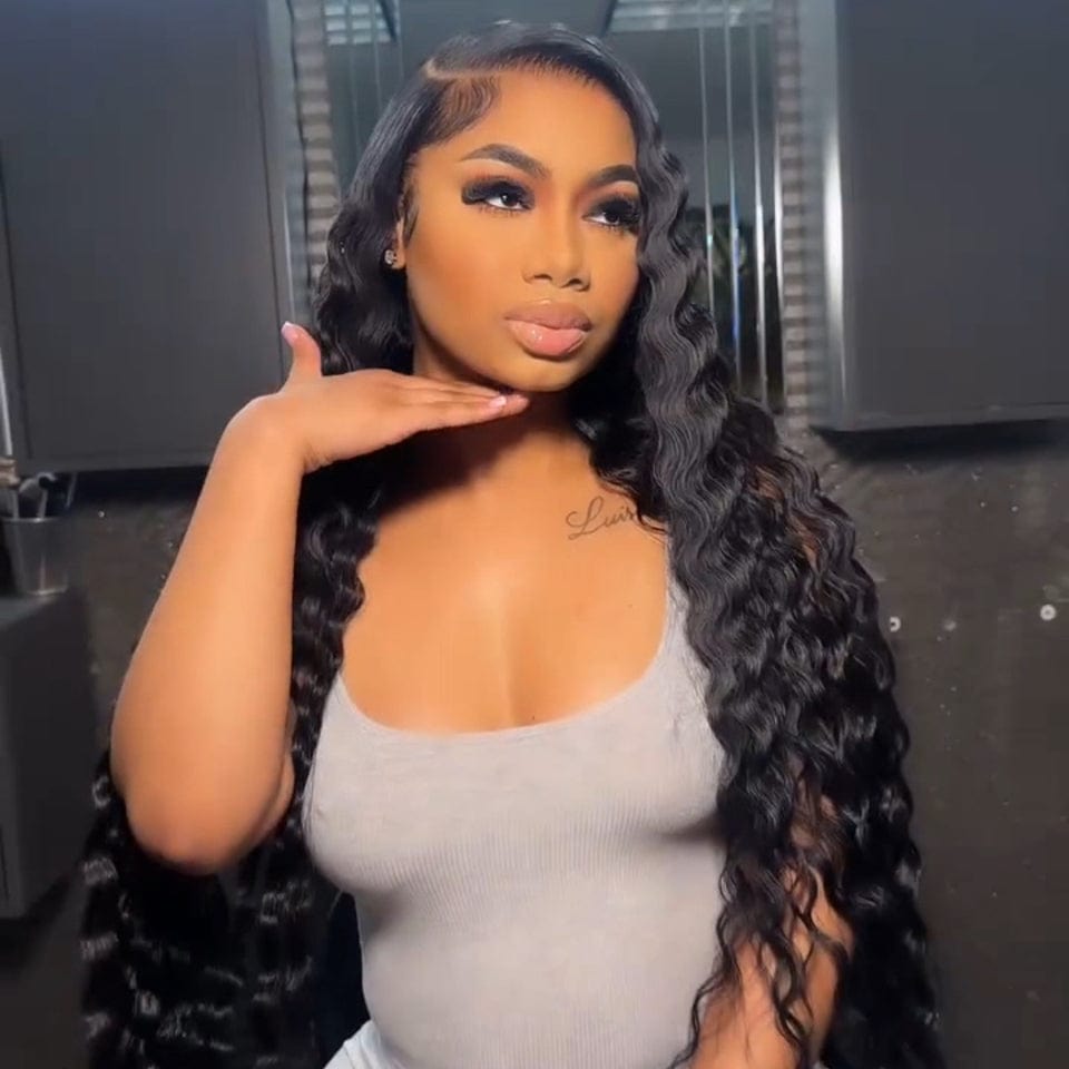 AILUXY 13x4 Lace Deep Wave Longue Noir Perruque VENTE FLASH
