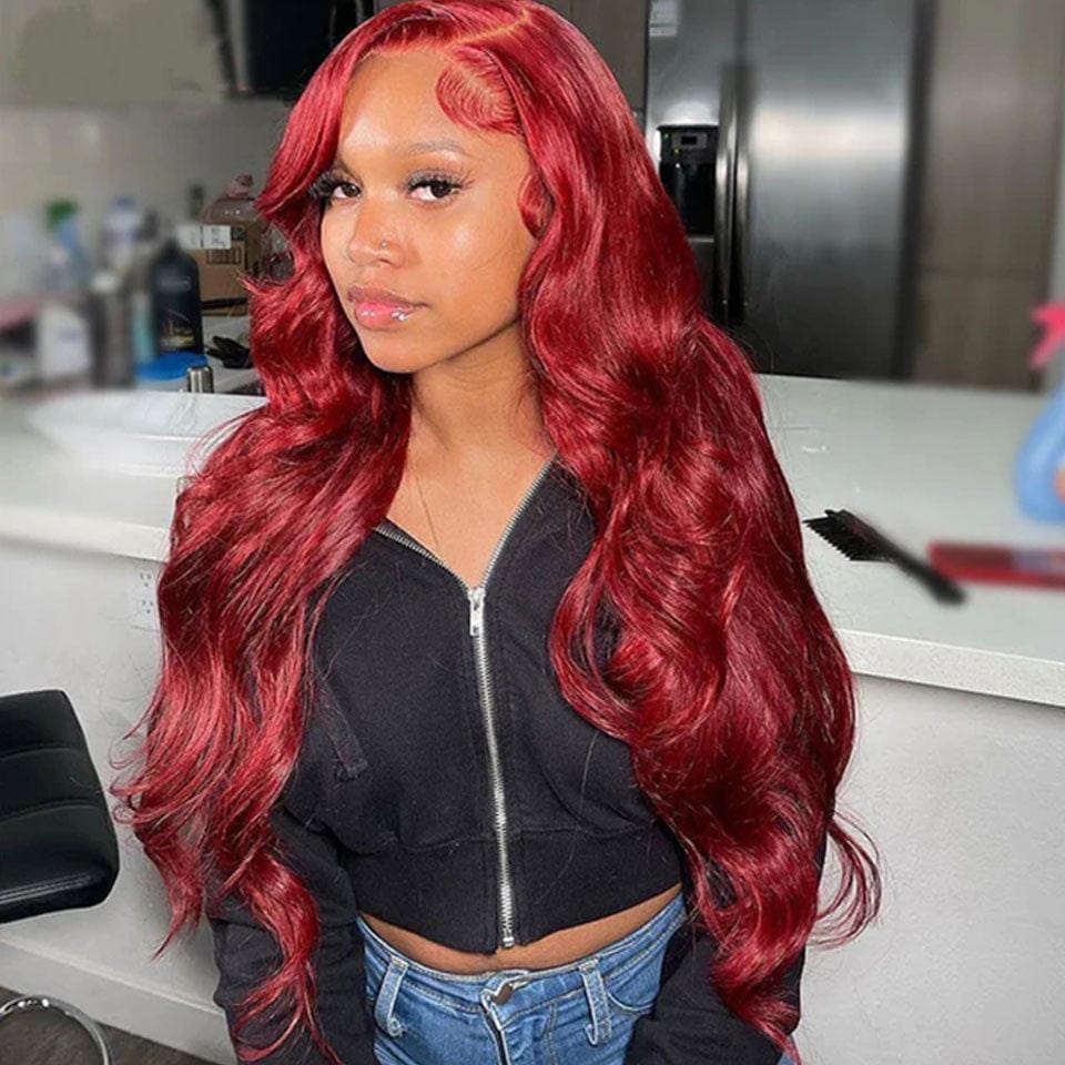 AILUXY 13x4 Lace Frontal 99J Bourgogne Body Wave Longue Perruque 100% Cheveux Humains 2.0