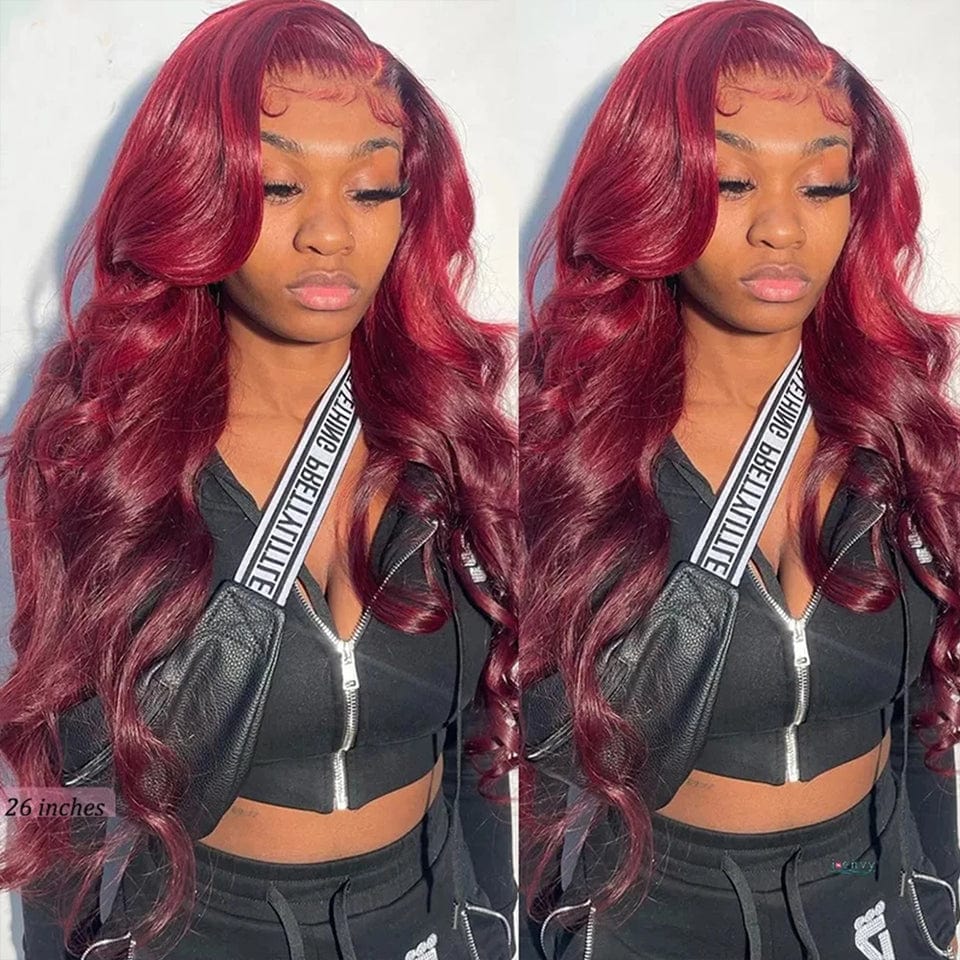 AILUXY 13x4 Lace Frontal 99J Bourgogne Body Wave Longue Perruque 100% Cheveux Humains 2.0