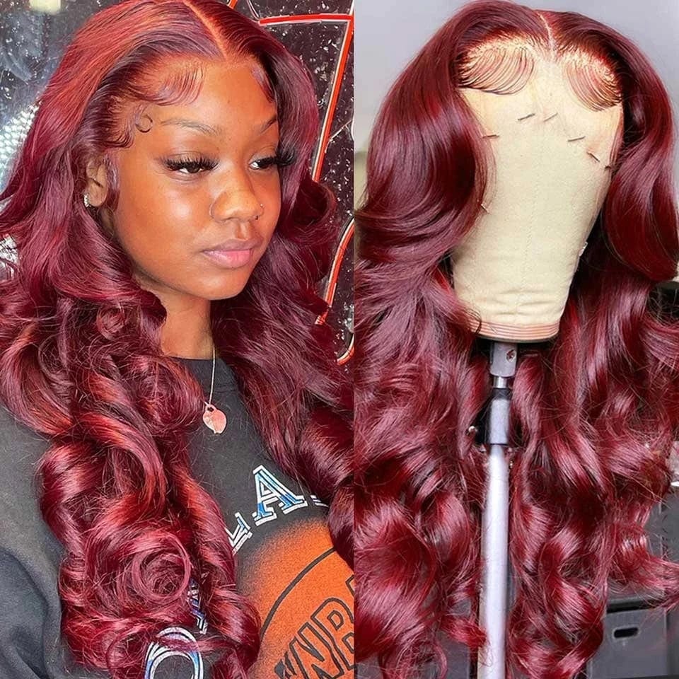 AILUXY 13x4 Lace Frontal 99J Bourgogne Body Wave Longue Perruque 100% Cheveux Humains 2.0