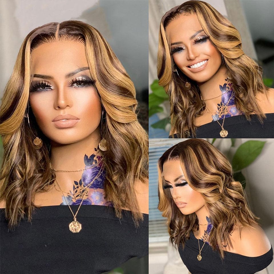 AILUXY 13x4 Lace Frontal Body Wave Brun Balayage Miel #4#27 Courte Bob Perruque 100% Cheveux Humains