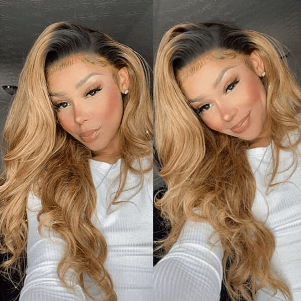 AILUXY 13x4 Lace Frontal Body Wave Longue Noir Châtiain 1B/27 Perruque 100% Cheveux Humains Personnalisé