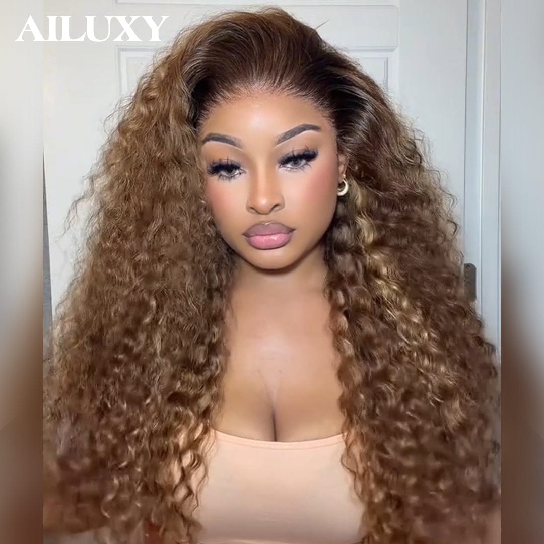 AILUXY 13x4 Lace Frontal Brun Aux Reflets Blonds Curly Bouclé Longue Perruque 100% Cheveux Humains Densité 200%