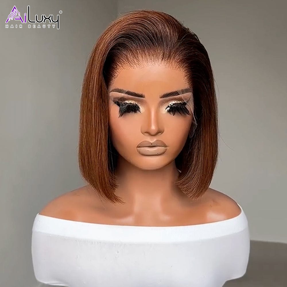 AILUXY 13x4 Lace Frontal Lisse Brun Avec Racine Noire Bob Perruque 100% Cheveux Humains