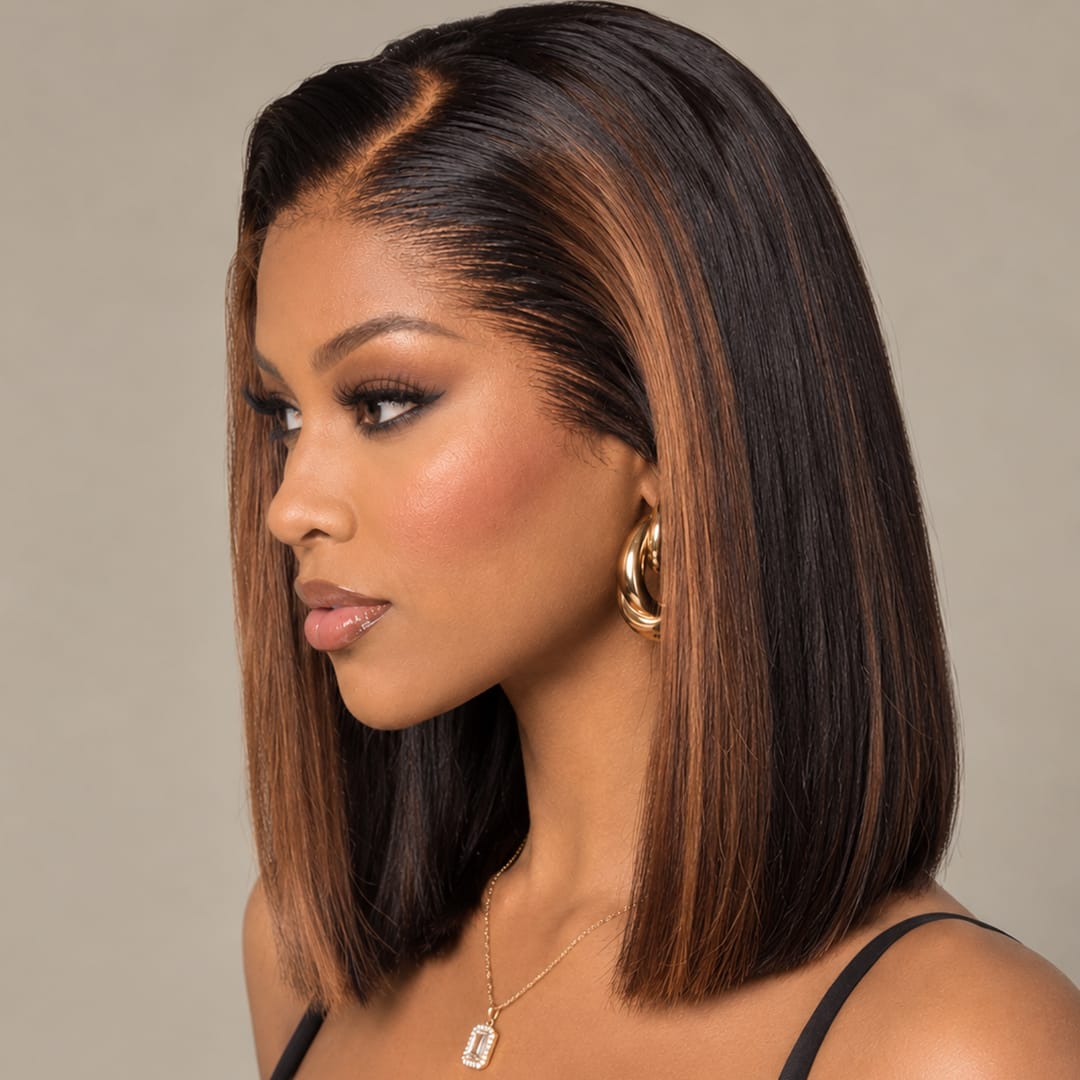 AILUXY 13x4 Lace Frontal Lisse Chocolat Brun Highlights Bob Perruque 100% Cheveux Humains