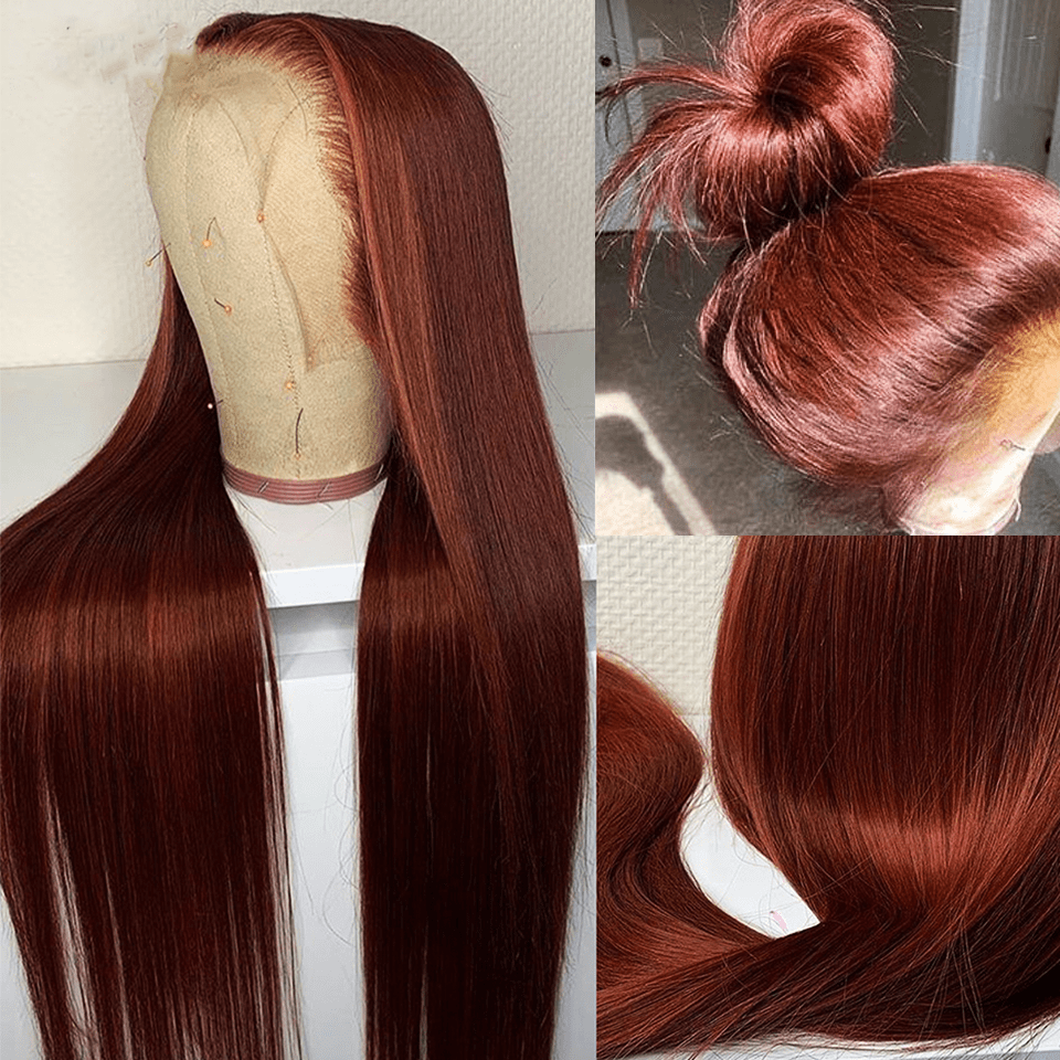 AILUXY 13x4 Lace Frontal Lisse Longue Brun Cuivré Perruque 100% Cheveux Humains