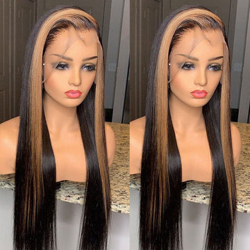 AILUXY 13x4 Lace Frontal Lisse Noir Avec Hightlights Brun Longue Perruque 100% Cheveux Humains