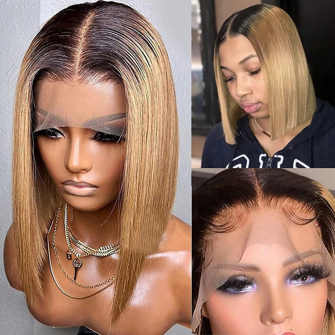 AILUXY 13x4 Lace Frontal Lisse Noir Châtain 1B27 Bob Perruque 100% Cheveux Humains