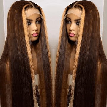 AILUXY 13x4 Lace Frontal Marron avec blond Highlights Lisse Longue Perruque 100% Cheveux Humains