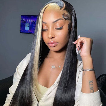 AILUXY 13x4 Lace Frontal Noir Avec Blond Highlights Lisse Longue Perruque 100% Cheveux Humains