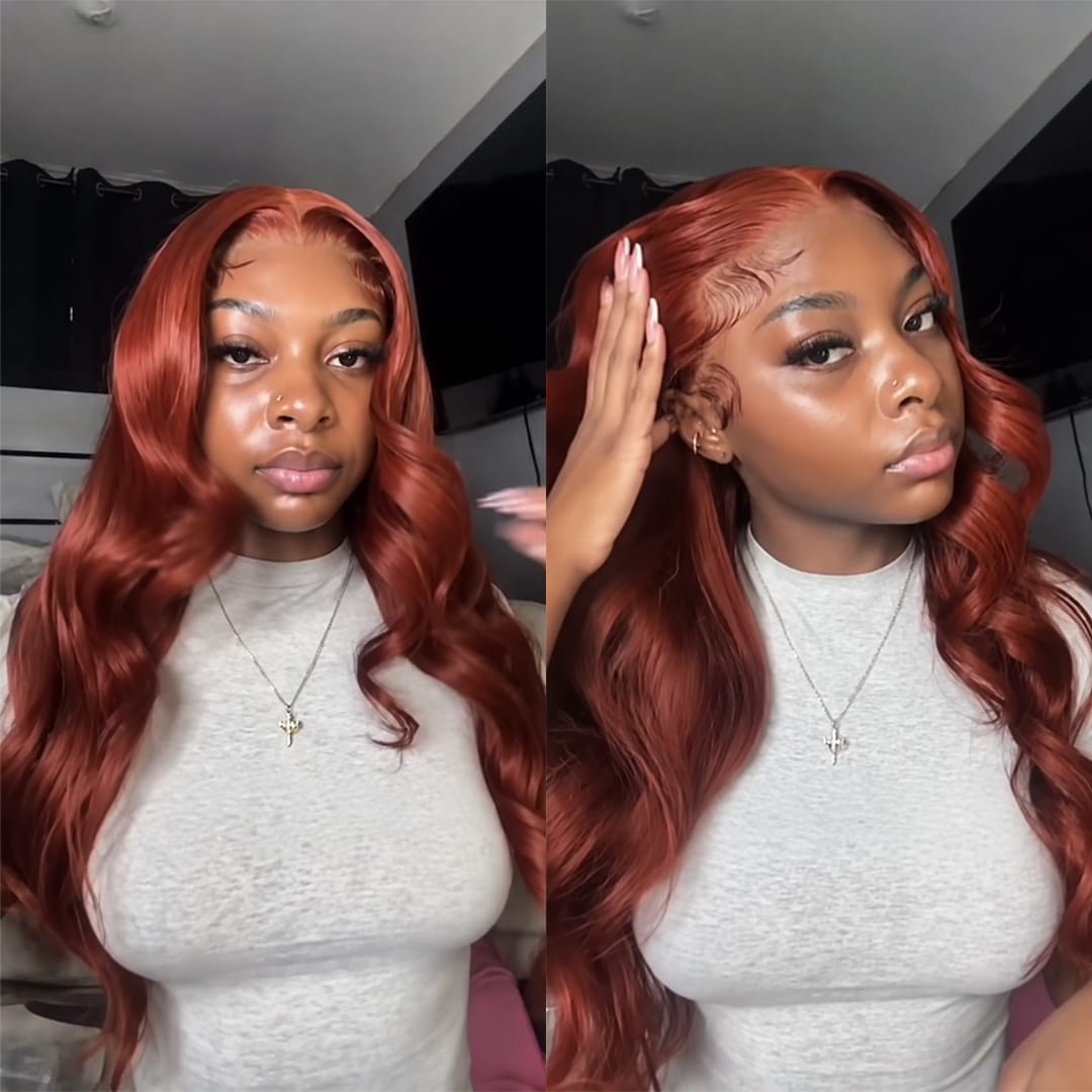 AILUXY 13x4 Lace Frontal Perruque Cheveux Humains Ondulée Roux Cuivré, Coiffure Glamour Tendance Pour Tous Les Jours
