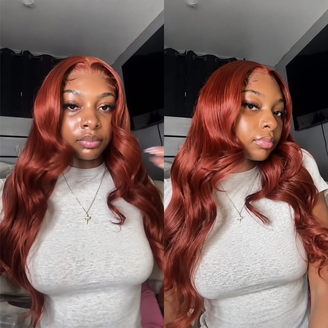 AILUXY 13x4 Lace Frontal Perruque Cheveux Humains Ondulée Roux Cuivré, Coiffure Glamour Tendance Pour Tous Les Jours