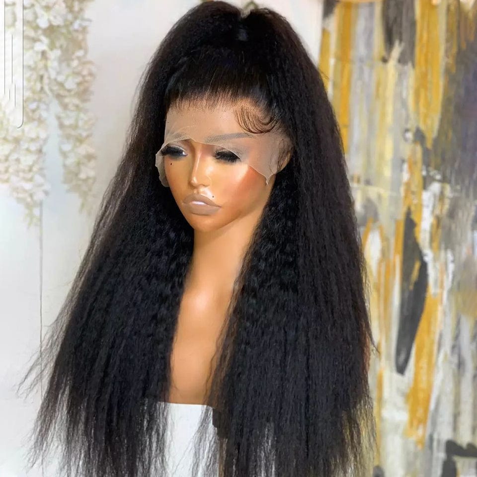 AILUXY 13x4 Lace Frontal Perruque Kinky Lisse Longue Noir 250% Densité 100% Cheveux Humains