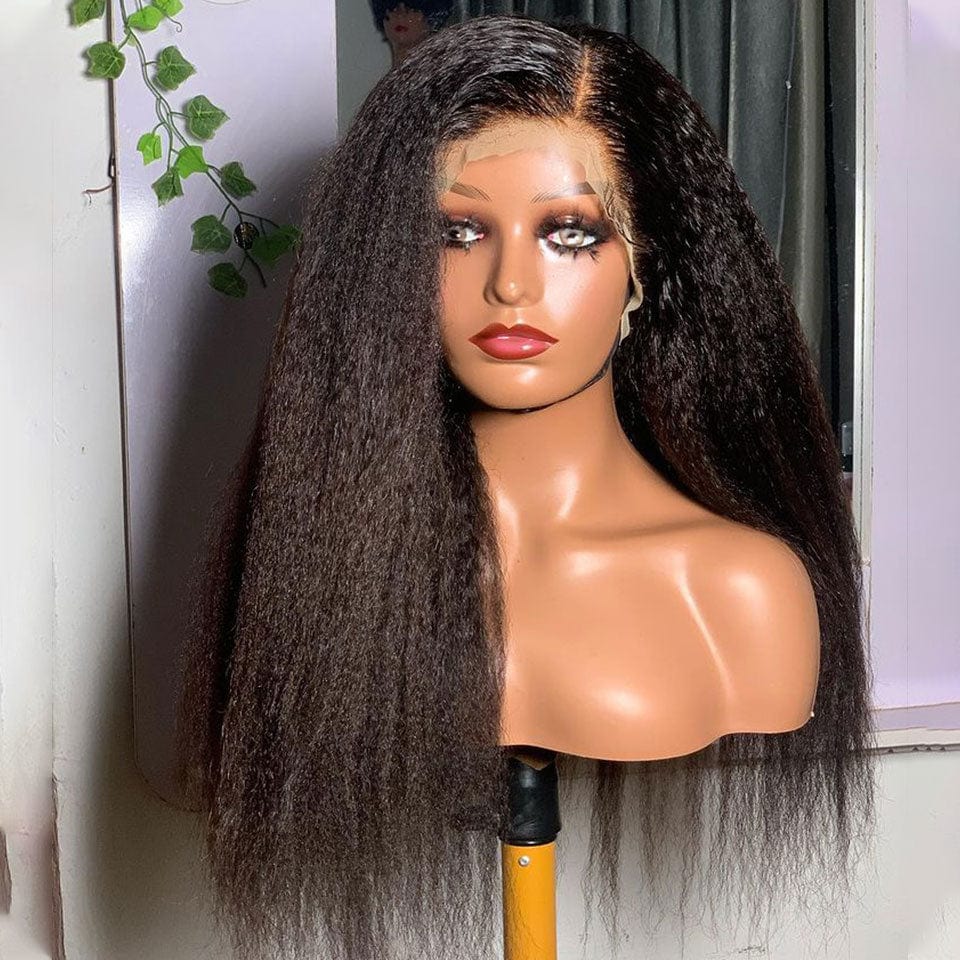 AILUXY 13x4 Lace Frontal Perruque Kinky Lisse Longue Noir 250% Densité 100% Cheveux Humains