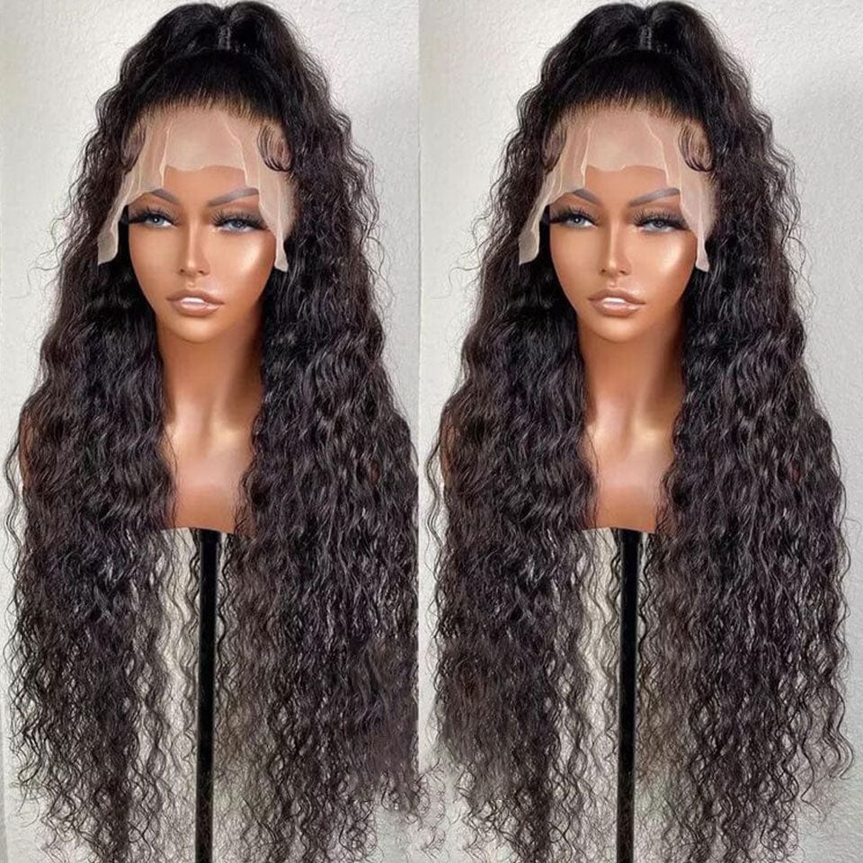 AILUXY 13x4 Lace Frontal Perruque Water Wave Longue Noir 250% Densité 100% Cheveux Humains