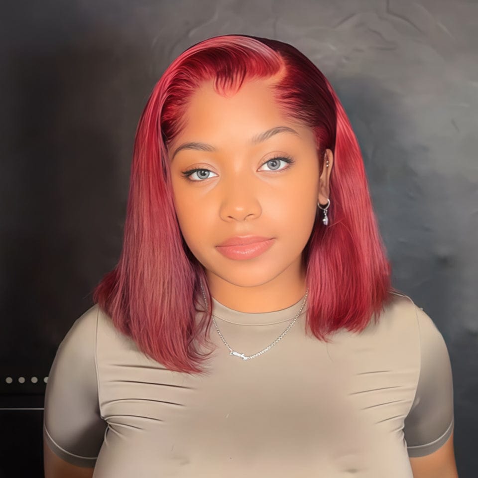 AILUXY 13x4 Lace Perruque Lisse Bob Perruque Courte 99J 200% densité 100% cheveux humains comme sur la vidéo