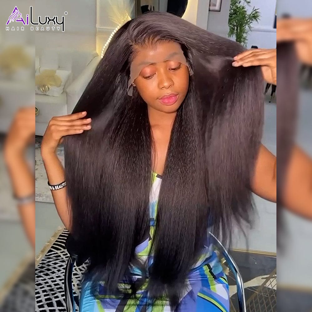 AILUXY 13x6 Lace Frontal Kinky Lisse Longue Noir Perruque 100% Cheveux Humains comme sur la vidéo 2 - 3 jours reçus+Un beau cadeau