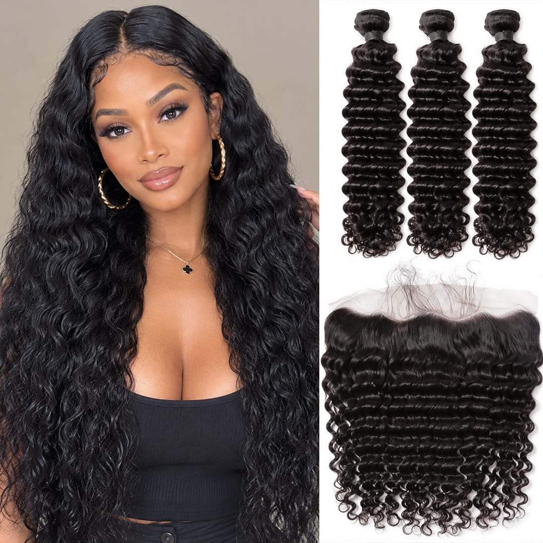 AILUXY 3 Paquets Avec 13x4 Lace Frontal Deep Wave Couleur Naturelle