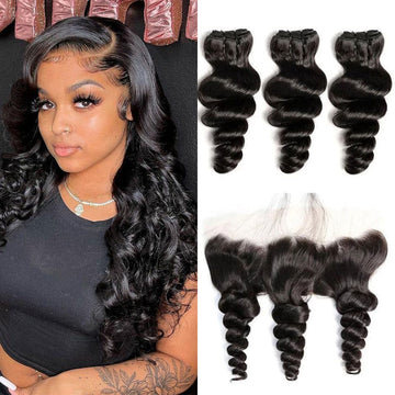 AILUXY 3 Paquets Avec 13x4 Lace Frontal Loose Wave Couleur Naturelle