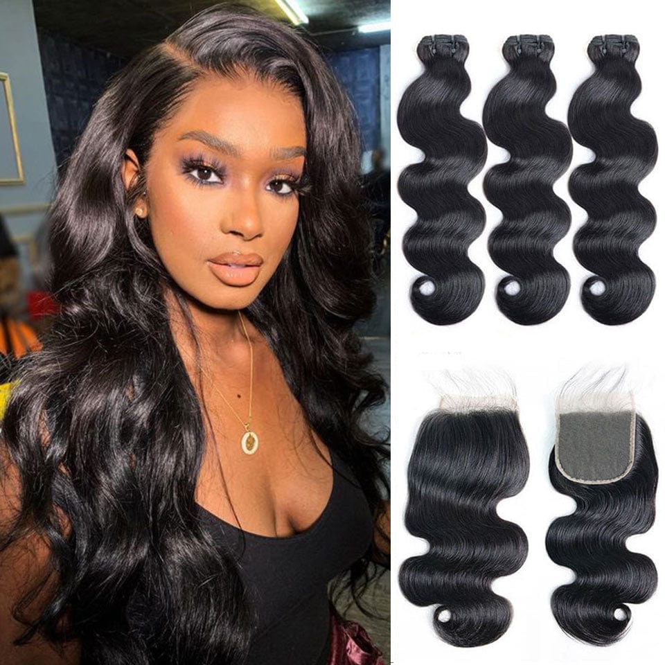 AILUXY 3 Paquets avec 4*4 Lace Closure Body Wave Couleur Naturelle