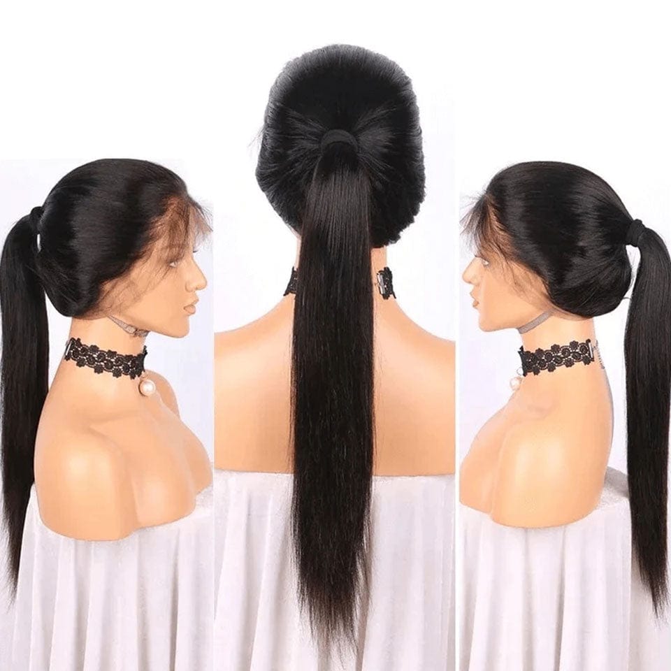 AILUXY 360 Lace Frontal Perruque Lisse Longue 200% densité Noir 100% cheveux humains