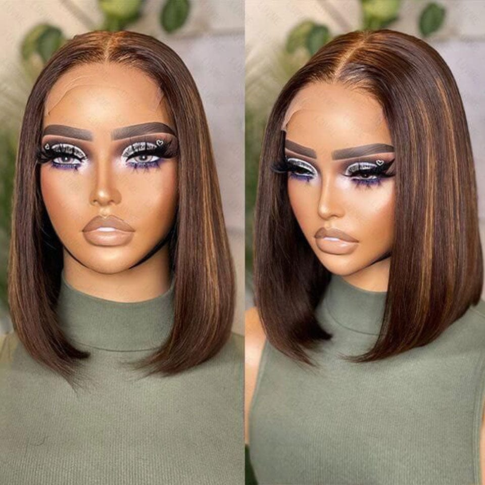 AILUXY 4x4 Lace Closure Brun Balayage Caramel Bob Perruque Lisse Courte Perruque en Couleur 4#30#4 100% Cheveux Humains