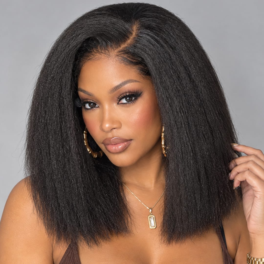 AILUXY 4x4 Lace Closure Perruque Kinky Lisse Courte Bob Perruque Couleur naturelle 250% densité 100% cheveux humains