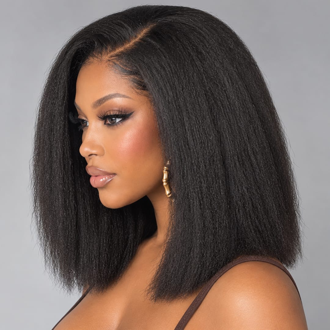 AILUXY 4x4 Lace Closure Perruque Kinky Lisse Courte Bob Perruque Couleur naturelle 250% densité 100% cheveux humains