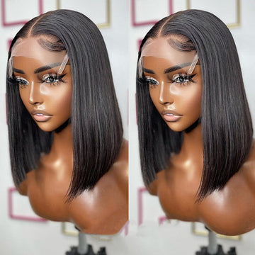 AILUXY 4x4 Lace Closure Perruque Lisse Bob Perruque Courte Noire 200% densité 100% cheveux humains