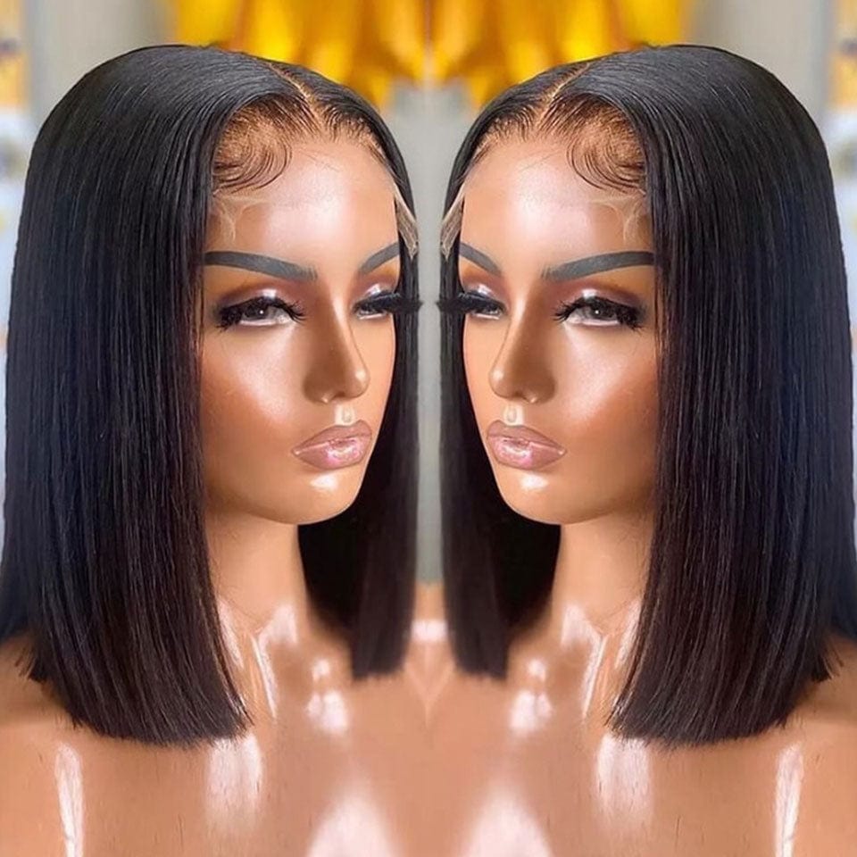 AILUXY 4x4 Lace Closure Perruque Lisse Bob Perruque Courte Noire 200% densité 100% cheveux humains