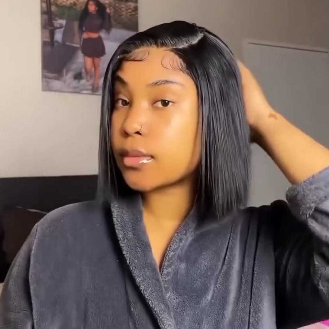 AILUXY 4x4 Lace Closure Perruque Lisse Courte Couleur naturelle Bob Perruque 200% densité 100% cheveux humains