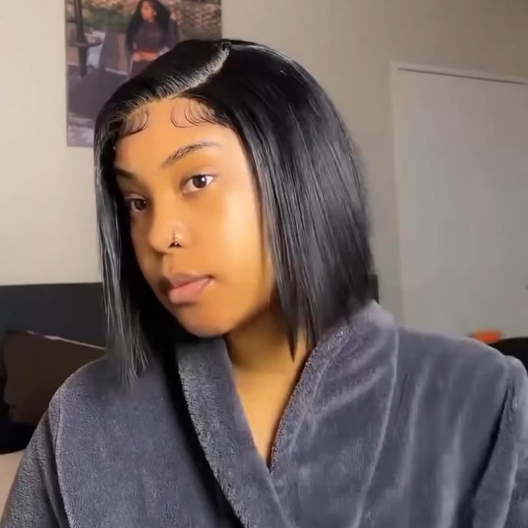 AILUXY 4x4 Lace Closure Perruque Lisse Courte Couleur naturelle Bob Perruque 200% densité 100% cheveux humains